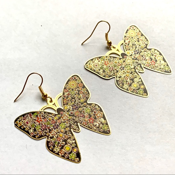 Golden Butterfly Etched Multicolor Drop Earrings - Picture 6 of 6